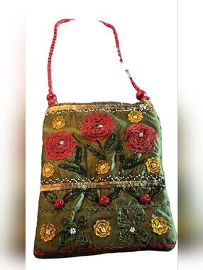 Two's Company Ric Rac RIbbons Embroidered Floral Bag in Olive and Red